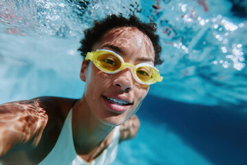 Fototapeta premium Swimmer smiling underwater wearing yellow goggles in swimming pool