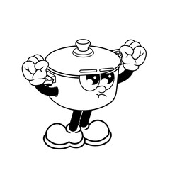 Retro character design of angry cooking pots outline
