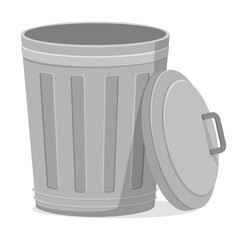 Gray Metal Trash Can with Lid Open Isolated on White Background, Illustration