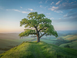 A photograph depicting a solitary, ancient oak tree
standing proudly atop a vibrant green hillside,