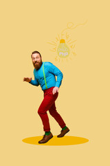 Image 3d zine vertical collage of happy businessman stand light bulb power electricity finding idea...