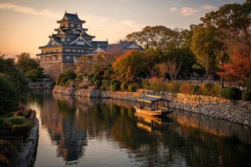 Naklejka premium Japanese castle reflecting in still water a boat sits nearby