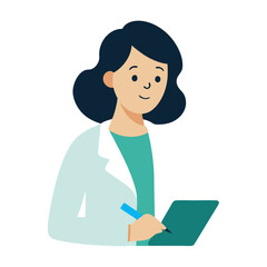 Female doctor writing something in notebook, listening to patient vector icon on white background.