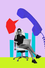 3d vertical poster artwork collage of happy manager girl guy stand telephone handset...