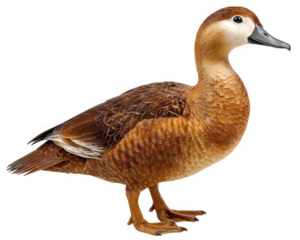 Brown duck with white face and black beak standing isolated on transparency background, detailed feathers, natural wildlife, calm expression, side view, full body