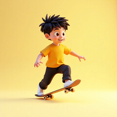 3D render of a cute boy mid-glide in skate pose, yellow shirt, black pants, white sneakers, realistic, summer season, summer vibes, summer skating playing