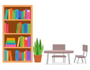 Illustration of a bookshelf with books, a table, chair and plant on white background.