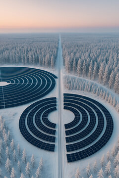 Aerial Winter Landscape with Circular Solar Panel Fields in Snowy Forest
