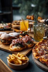 Table laden with diverse foods burgers fries pizza bruschetta drinks set indoors creating a rich culinary scene