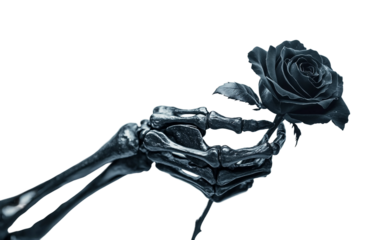 Spooky image of a skeleton hand holding a dark black rose evoking themes of death elegance and supernatural symbolism isolated on transparent background PNG