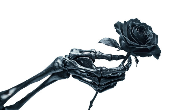 Spooky image of a skeleton hand holding a dark black rose evoking themes of death elegance and supernatural symbolism isolated on transparent background PNG