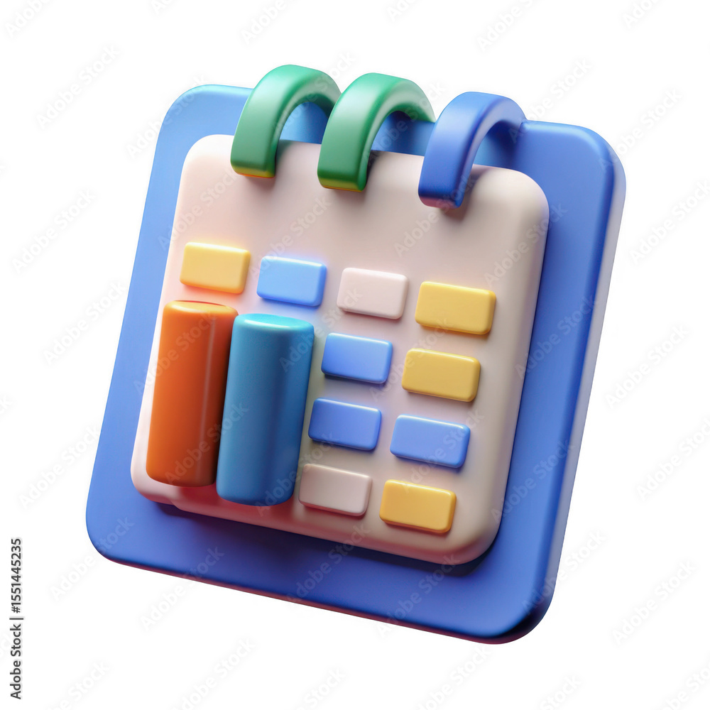 Poster 3d colorful calendar icon with data chart isolated on transparent background