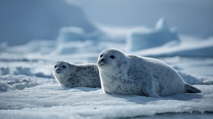 Two seals lounge on icy terrain, enjoying the serene polar environment on a calm morning.