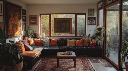 Sunlit living room with sectional sofa, colorful pillows, area rug, artwork, plants, and large windows offering garden view