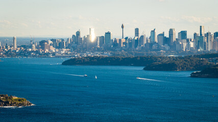 Golden Hour Aerial drone view of Sydney with Manly Ferry