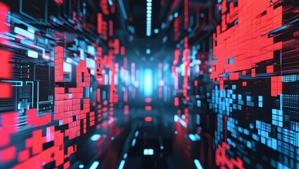 Futuristic digital corridor with red blocks high resolution photo