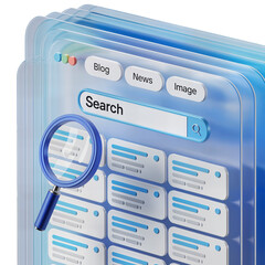 3D search content PNG icon isolated on transparent background – magnifying glass, blog, and news blocks for SEO and content discovery.
