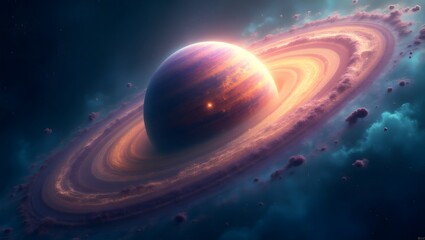 Glowing planet with ring in space high resolution photo