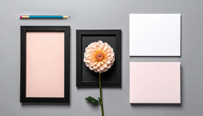 Frame mockup flower pencil stationery flat lay design blank canvas