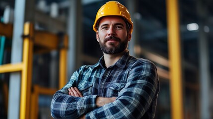 Worker in a yellow hard hat with a beard, arms crossed, looking at the camera.
