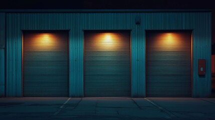 Three closed metal storage unit doors at night with lighting.