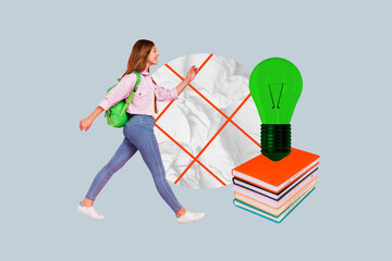 Sketch image artwork composite 3D photo collage of young lady walk wear backpack idea lamp pile...