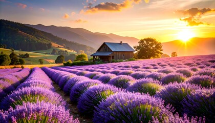 Lavender field at sunset mountain view high resolution photo