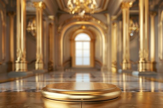 Elegant golden display platform in luxurious palace hall architectural interior rich details artistic perspective