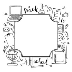 Hand drawn frame with school items.