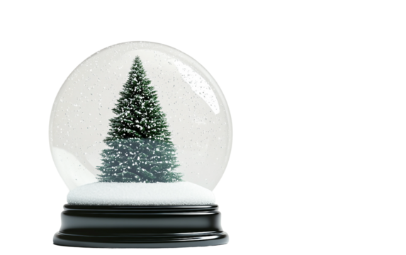 A festive snow globe with a decorated Christmas tree inside captured mid-shake as snowflakes swirl around in holiday magic isolated on transparent background PNG