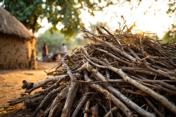 Large pile of branches in a village with a traditional mud hut  blurred figures in the background