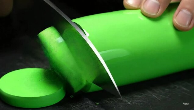 4K macro close-up of a green cylinder sliced with precision. Designed for satisfying and ASMR content with vibrant color, soft texture, and glossy finish.