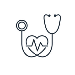Stethoscope, heart, cardiogram. Preventive health care. Vector linear icon illustration isolated on white background.