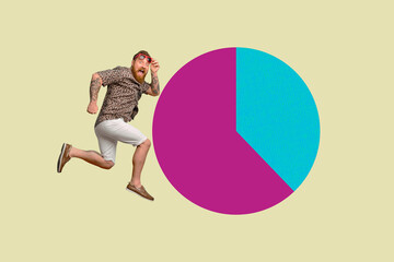 Trendy art creative full pop photo collage of happy businesswoman businessman walk diagram graph...