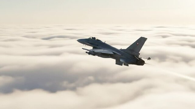 Military jet soaring through clouds