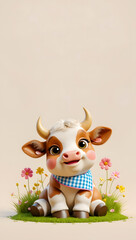 Adorable baby cow sitting peacefully on green grass wearing a red checkered bandana surrounded by colorful wildflowers on beige background
