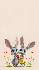 Adorable cartoon rabbits with pink noses surrounded by red hearts and yellow flowers on a soft beige background