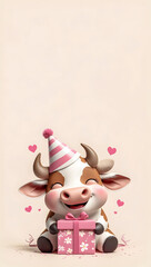 Adorable cartoon cow wearing colorful party hat sitting next to pink gift box and floating hearts on beige background