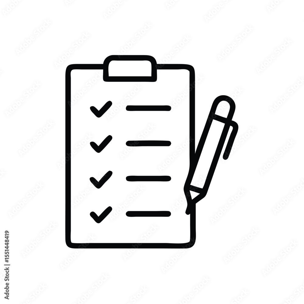 Poster checklist clipboard with pen vector icon for task list planning and project management document and 