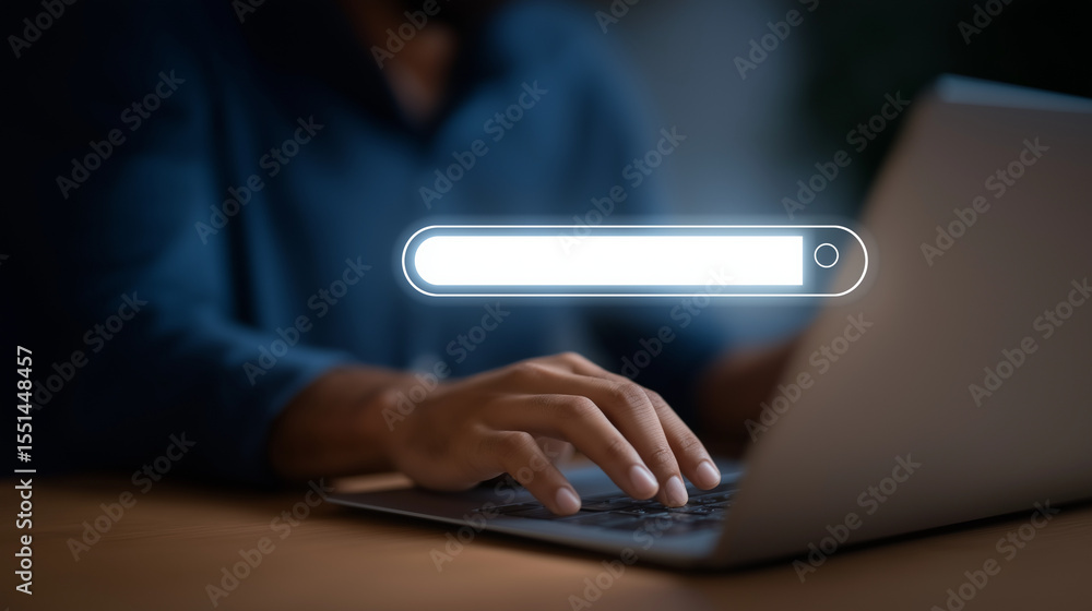 Poster ai search concept with user typing on laptop and virtual search bar