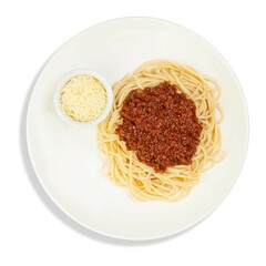 A white plate that is generously topped with spaghetti and meat sauce