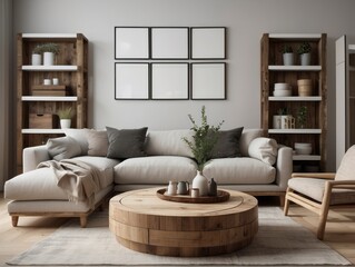White sofa with fringed pillows and knitted blanket. Boho home interior design of modern living room