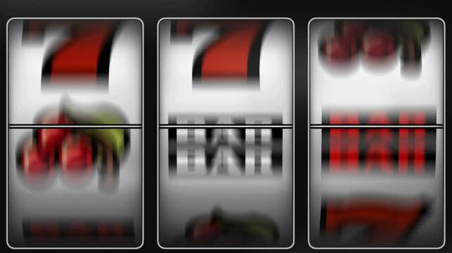 Colorful slot machine reels displaying various symbols with blurred motion effect