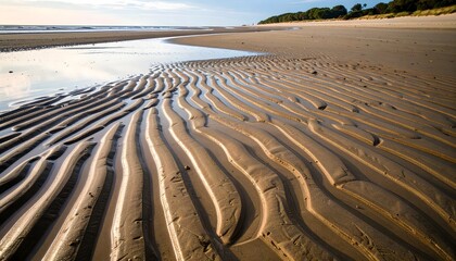 Sunrise on shore highlighting sand texture high resolution photo