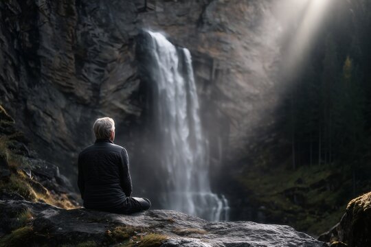 man sitting by waterfall in light, peaceful wilderness view, concept for mindfulness or retreat