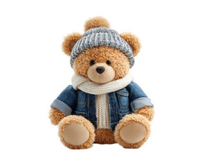 Obraz premium Teddy bear plush winter clothing scarf hat denim cute cozy isolated soft toy brown stuffed animal fashion children gift adorable warm wool knitted beanie jacket casual playful child present fuzzy