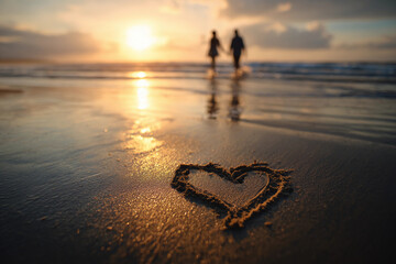 Heart sign drawn on wet sand of sea beach with a loving couple in blurred background. Romantic holiday and travel concept. For Valentine's Day. Seascape view for wallpaper, poster