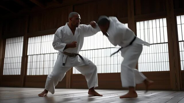 Two male martial artists practice Taekwondo techniques in a traditional wooden dojo. Video. Horizontal.
