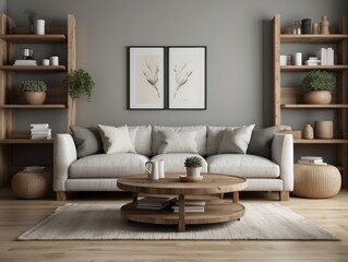 White sofa with fringed pillows and knitted blanket. Boho home interior design of modern living room