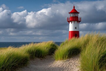Lighthouse rises behind sandy dune path Red and white with cloudy sky backdrop